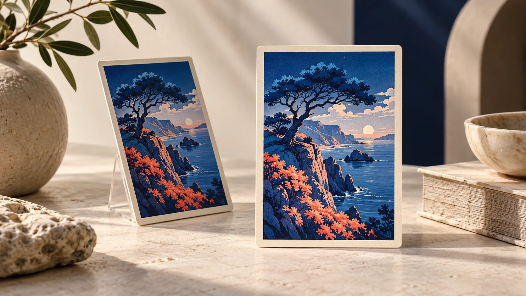 Two fictional cards with the same landscape, one tilted and one facing forward.