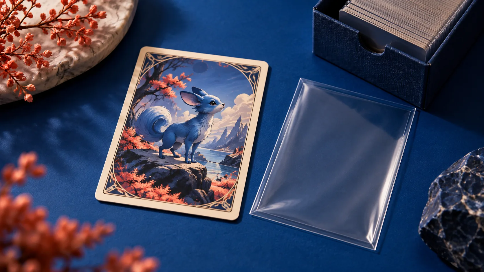 Fictional blue creature card beside an empty sleeve and storage box.