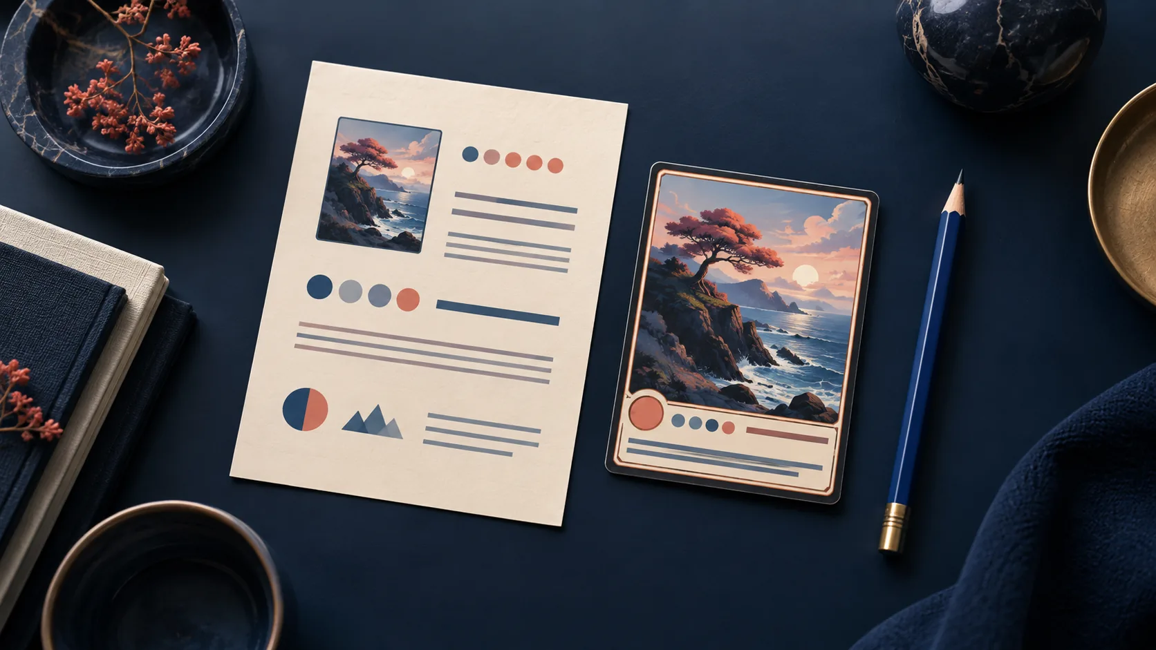 Fictional card beside an illustrative observation sheet and a blue pencil.