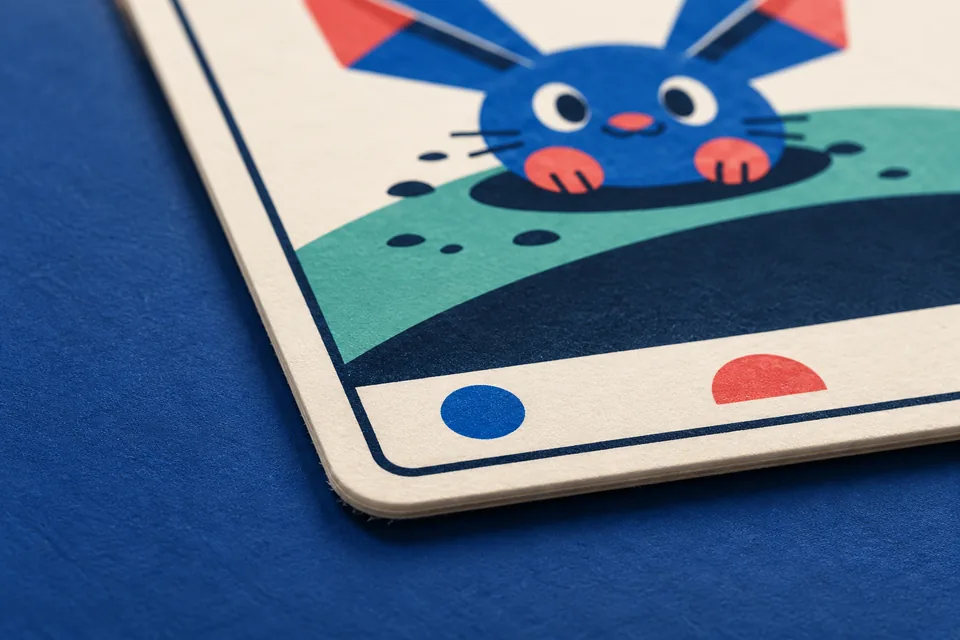 Illustrative close-up of the edge and paper texture of a fictional BGT card on a blue surface.