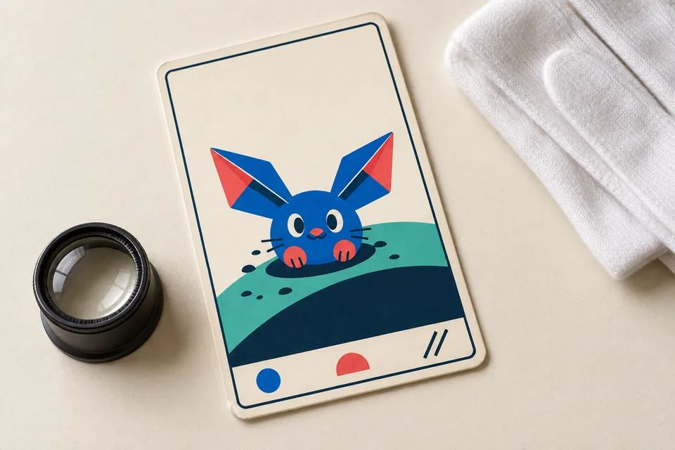 Illustrative inspection table with a fictional BGT card, optical loupe and glove.